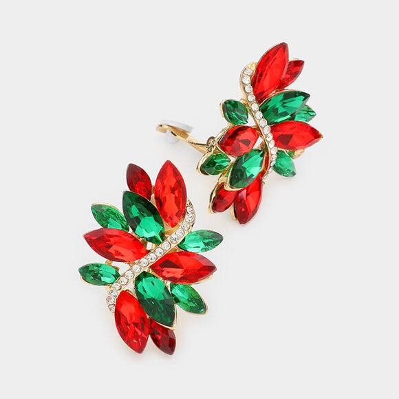 Clip on 1 3/4"gold, red, green & clear stones pointed flower earrings - Picture 1 of 4